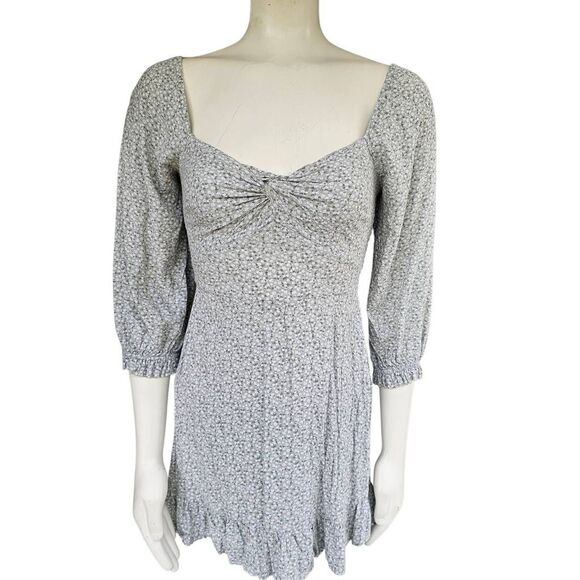 Hollister XS Gray Floral Mini Dress Long Sleeve Smocked Back Sweetheart - Picture 1 of 10
